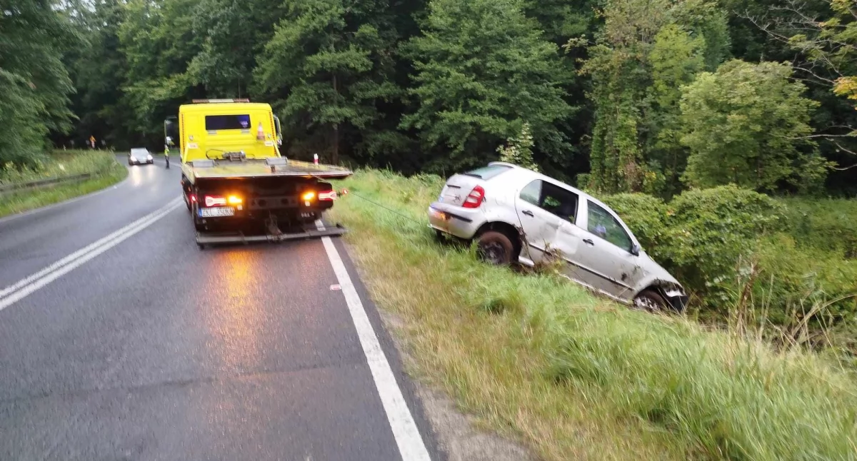 Wypadki drogowe, Skoda wypadła zakrętu Przyczyna śliska nawierzchnia - zdjęcie, fotografia