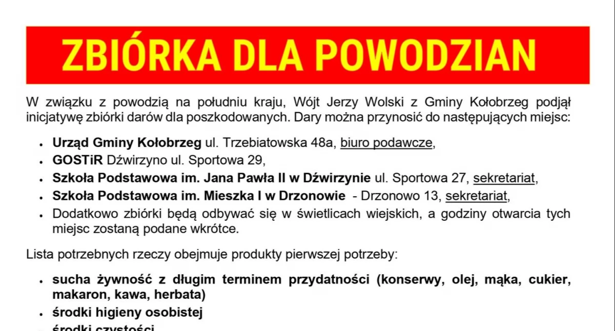 Wiadomości, Pomoc powodzian lista miejsc zbiórek - zdjęcie, fotografia