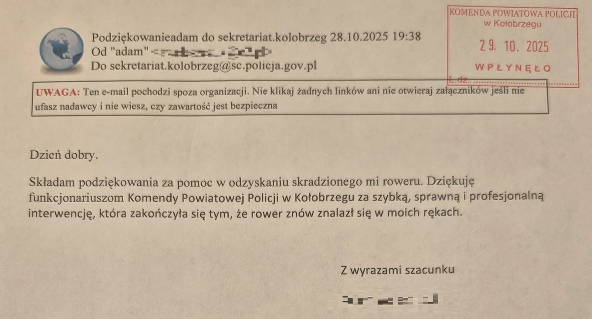 Wiadomości, Odzyskali rower jeden dzień Właściciel dziękuje policjantom - zdjęcie, fotografia