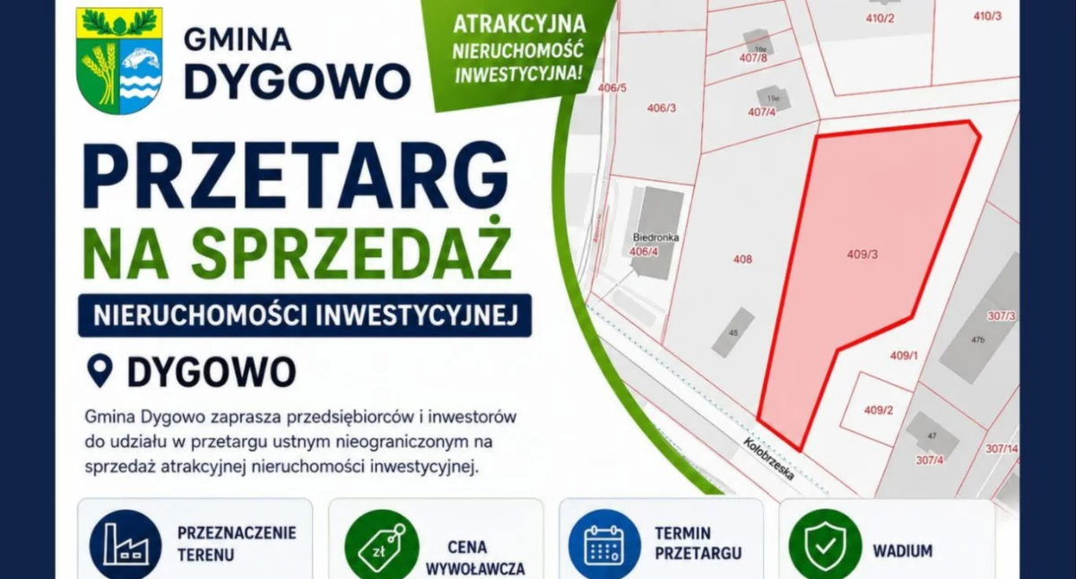 Komunikaty, Gmina Dygowo Przetarg sprzedaż nieruchomości inwestycyjnej - zdjęcie, fotografia